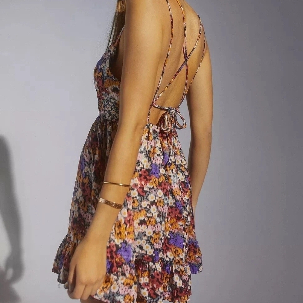 Urban Outfitters Multicolor Floral Mini Silky Boho Dress Small - Picture 2 of 9